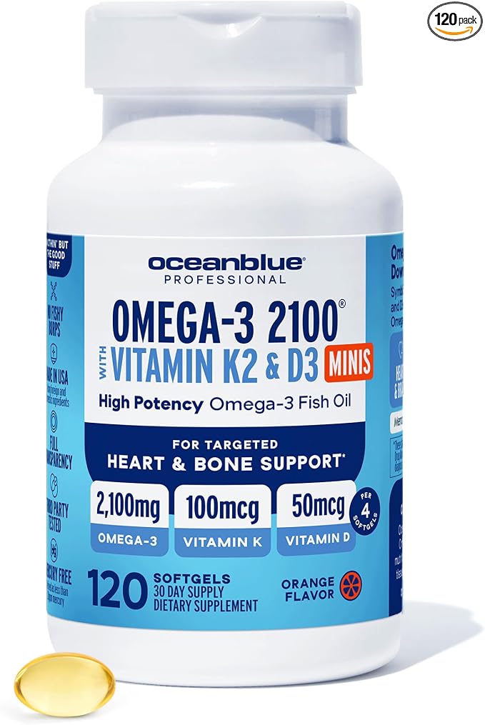 Oceanblue Professional Omega-3 2100 with Vitamin K2 & Vitamin D3 - Triple Strength Burpless Fish Oil Omega-3 Supplement with EPA & DHA - Wild Caught - Orange Flavor - 120 Mini Softgels
