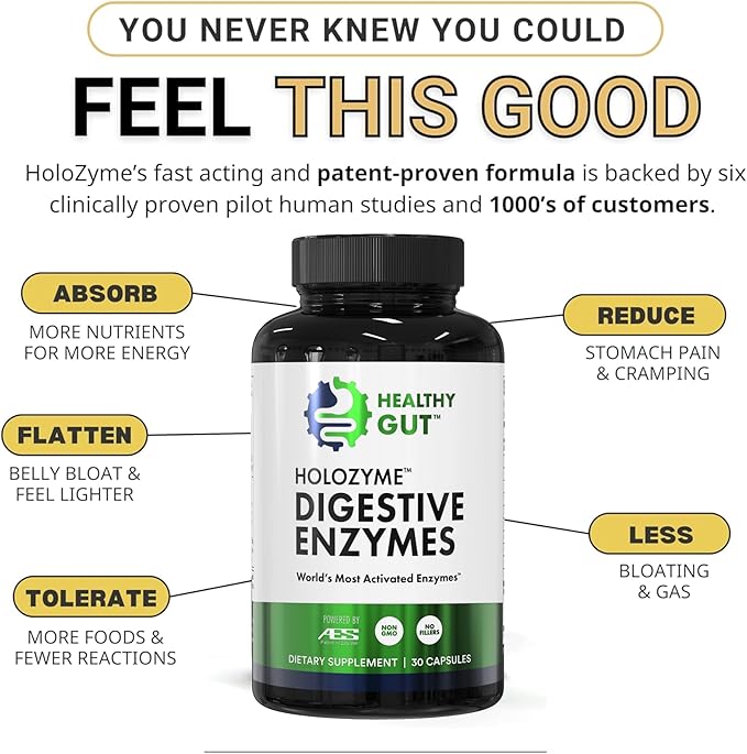 Healthy Gut HoloZyme Max Strength Digestive Enzymes | FODMAP-Friendly Formula Prevents Bloating, Gas, & Indigestion w/Protease, Amylase, Lipase, Lactase, and More | 15 Servings (Sample Bottle)