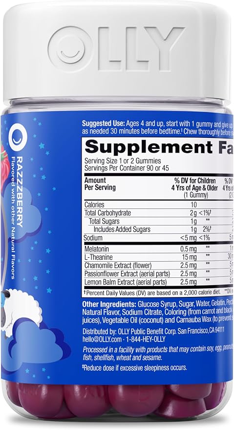 OLLY Kids Sleep Gummy, Occasional Sleep Support, 0.5mg Melatonin, L Theanine, Chamomile, and Lemon Balm Extracts, Childrens Chewable Supplement, Raspberry Flavor - 90 Count
