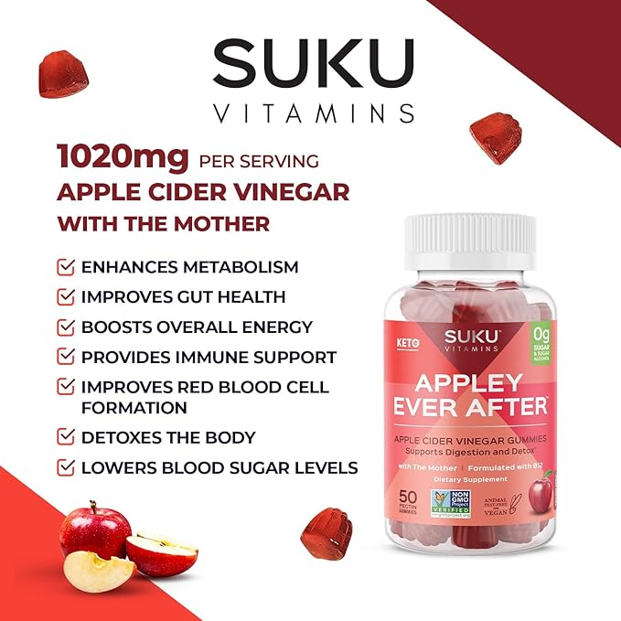 SUKU Appley Ever After Gummies – Apple Cider Vinegar with Methylated B12 & Folate – Sugar-Free, Gluten-Free, Vegan Detox & Energy Support – Amazing Apple Flavor – 50 Count