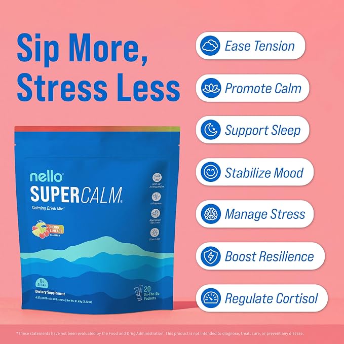 Nello Supercalm Powdered Drink Mix, Cortisol Reducer* and Sleep Aid Supplement, L Theanine, Ksm-66 Ashwagandha, Magnesium Glycinate, Vitamin D 3, No Sugar, Non GMO, On The Go, 20 Ct, Cherry Limeade