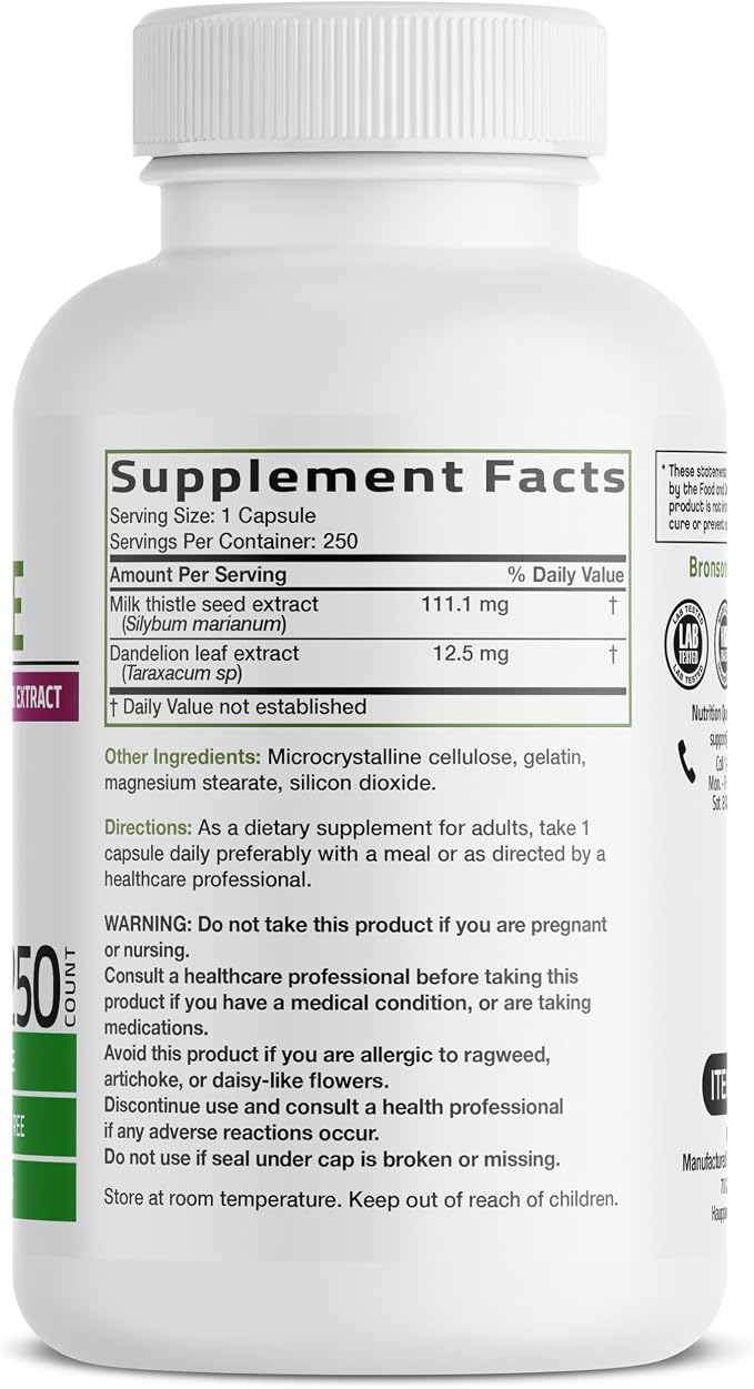 Bronson Milk Thistle Silymarin Marianum & Dandelion Extract Liver Health Support, Antioxidant Support, Detox, 250 Capsules