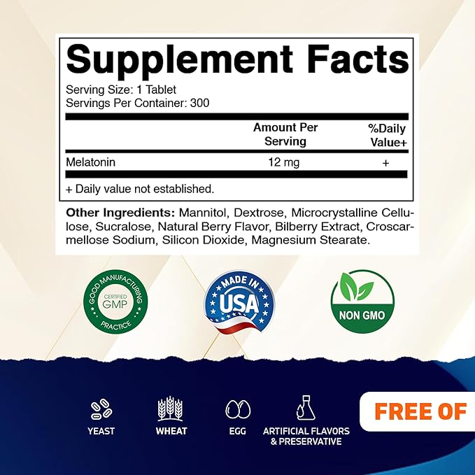 Vitamatic Melatonin 12 mg – Natural Berry Flavor – 300 Fast Dissolve Tablets – Formulated by Healthcare Professionals – Non-GMO, Gluten Free