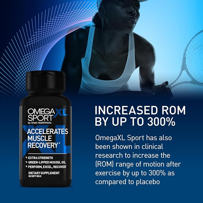 OmegaXL Sport Extra Strength Muscle Recovery Supplement and Respiratory Support Supplement - Improves DOMS and ROM, Clinically Supported Green-Lipped Mussel Oil (60 Softgels)
