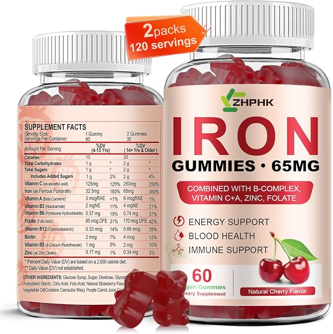 ZHPHK Iron Gummies Supplement for Women, Men & Kids, Iron 65mg with 250mg Vitamin C B6 B12 Folate Healthy Blood, Energy & Immune Support Gentle on Stomach Ferrous Fumarate, 120 Count
