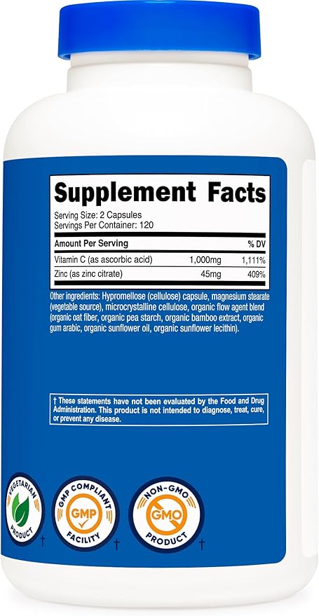 Nutricost Vitamin C with Zinc Capsules, 120 Servings (2 Pack) - 1000mg Vitamin C, 45mg Zinc, Non-GMO, Gluten Free Vitamin C Supplement