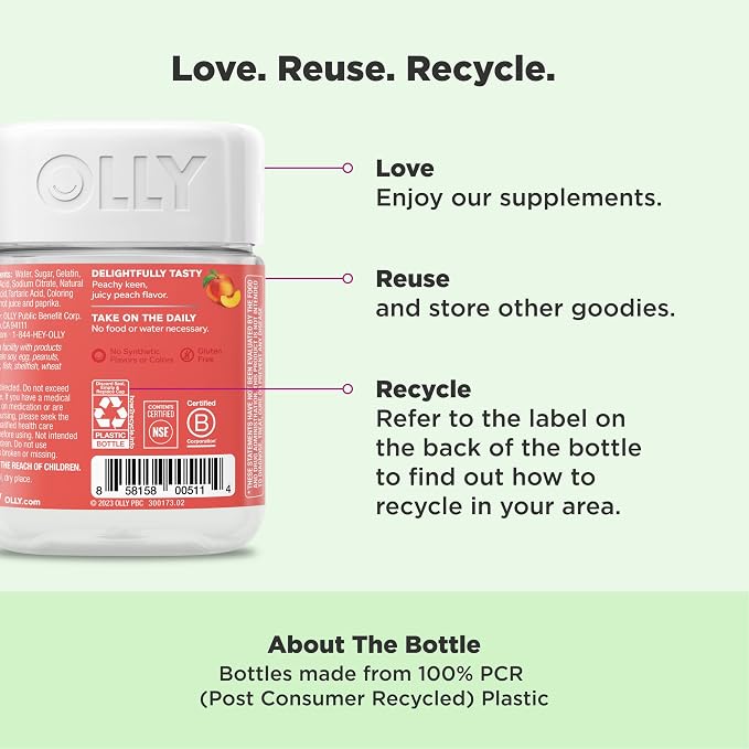 OLLY Probiotic + Prebiotic Gummy,Digestive Support and Gut Health,500 Million CFUs,Fiber,Adult Chewable Supplement for Men and Women,Peach,60 Day Supply -,60 Count (Pack of 2)