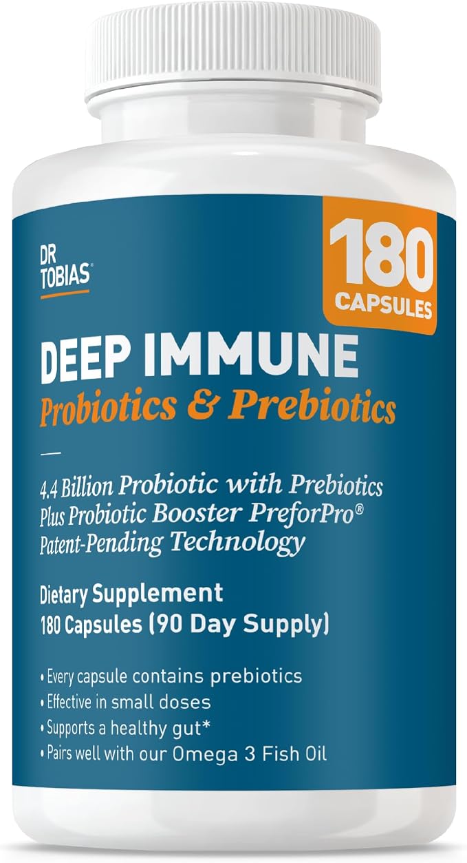 Dr. Tobias Deep Immune Probiotics & Prebiotics - Dual Action Digestion & Immune Support with PreforPro Prebiotics & Spore Forming Probiotics for Women & Men - 180 Capsules (90 Servings)