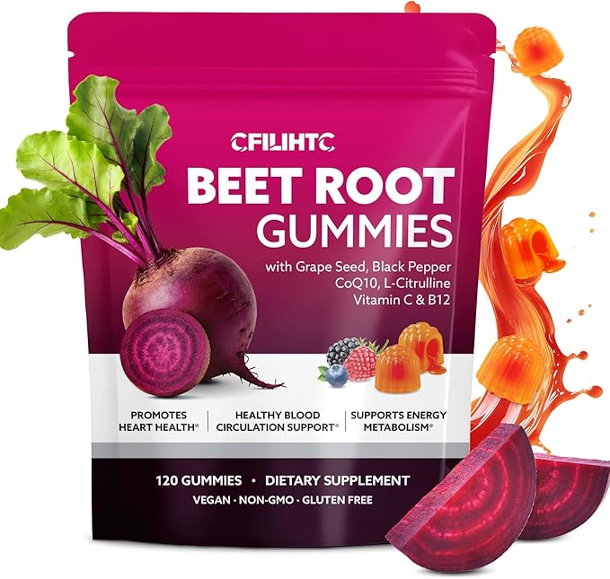 Beetroot Gummies - Beet Root for High Blood Pressure Supplements with Grape Seed Extract + CoQ10 + Black Pepper Extract + L-Citrulline + Vitamin C B12 Ultimate Heart for Blood Flow & Energy, 120 Count