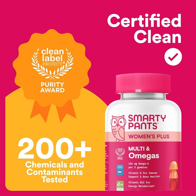 SmartyPants Women's Multivitamin Gummies, Omega 3 DHA/EPA, Methylfolate, CoQ10, Vitamin D3, C, B12, B6, A, K, Zinc, Three Fruit Flavors, 90 Count (30 Day Supply)
