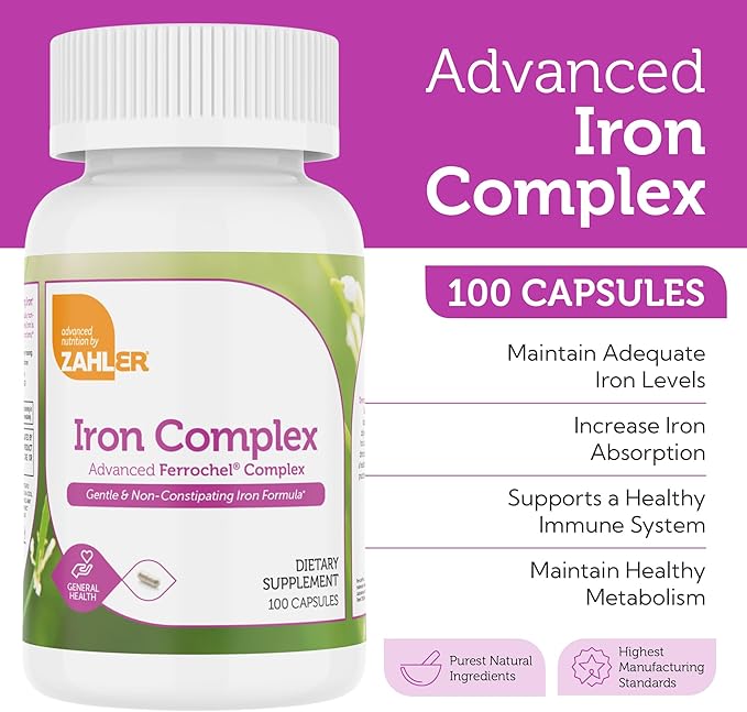 Zahler - Iron Supplement with Vitamin C - Capsule Iron Pills for Women and Men - High Absorption, Easy on Stomach, Kosher Ferrous Iron Supplements with Vitamins C, B12, Folate & More - 100 Count