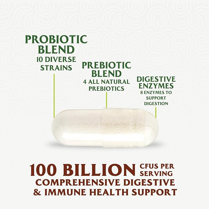 Probiotics 100 Billion CFU per Serving - 10 Strains & Prebiotics - Digestive Health, Gut & Immune Support - Supports Occasional Constipation, Gas & Bloating - Shelf Stable Bottled USA - 60 Capsules