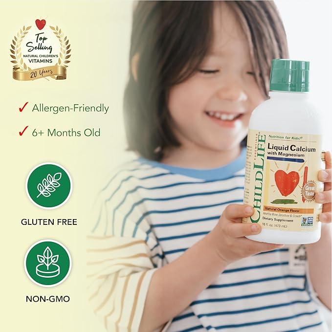 ChildLife Essentials Liquid Calcium Supplement for Kids - Baby Calcium with Magnesium, Zinc, and Vitamin D3 - Orange Flavor, 16 fl oz (6 Pack)