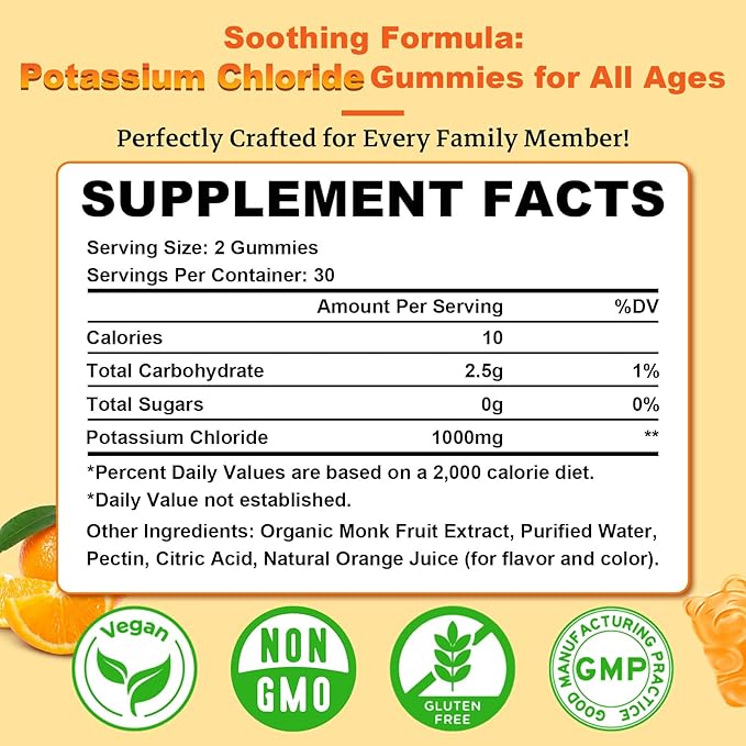 Sugar Free Potassium Gummies, Potassium Chloride for Adults, Potassium Supplement for Women & Men, Electrolyte Balance, Prevent Leg Cramp, Support Muscle & He♡rt Health, Orange Flavor, 60 Count