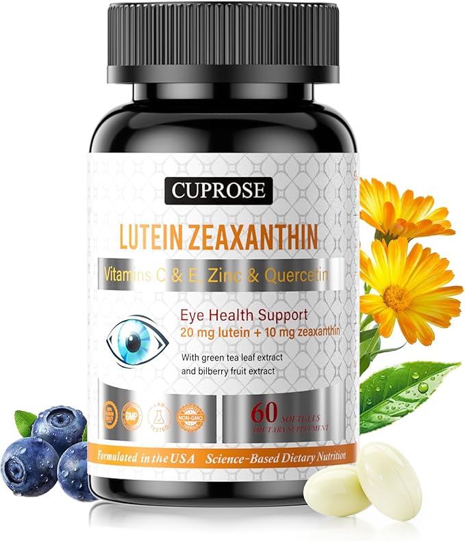 Eye Health Supplements for Macular Support, Lutein 20mg + Zeaxanthin 10mg with Bilberry, Vitamins C, E & Zinc, Macular & Vision Support for Adults & Seniors, Non-GMO, Gluten Free, 60 Softgels