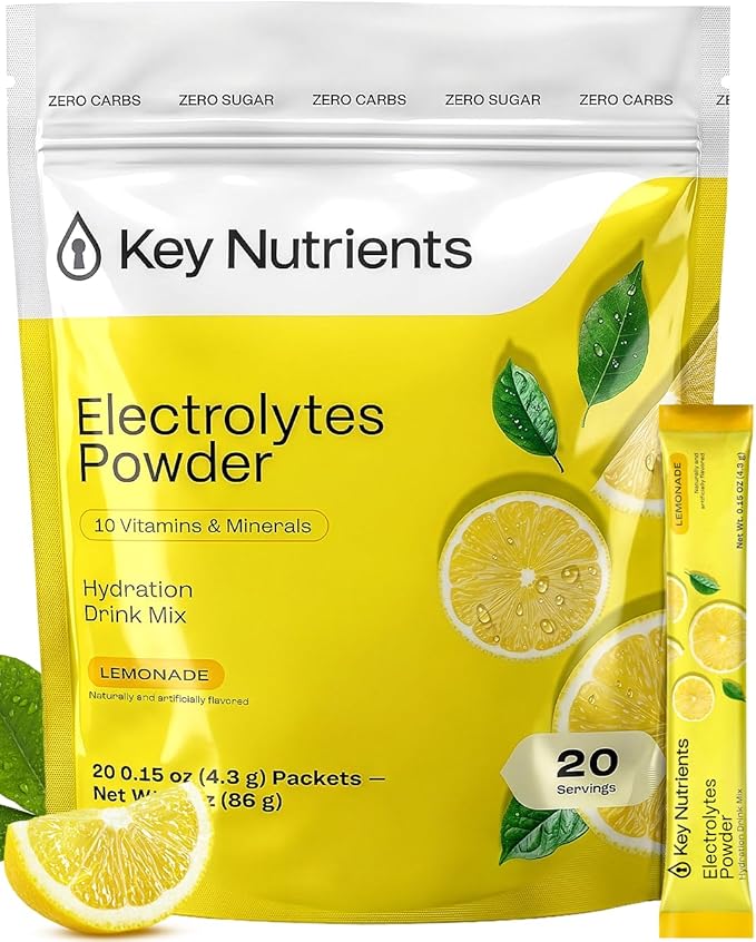 KEY NUTRIENTS Electrolytes Powder Packets - Multivitamin Lemonade 20 Pack Hydration Packets - Travel Hydration Powder - Improved Refreshing Taste - Made in USA - No Sugar, No Calories, Gluten Free