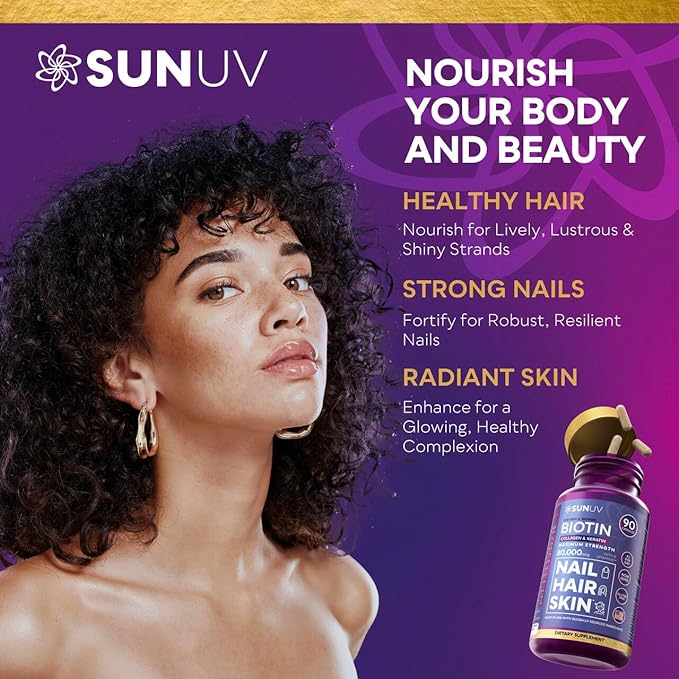 SUNUV Biotin 10,000mcg | Collagen | Keratin | Hyaluronic Acid - 80,000mcg Hair Growth Vitamins for Hair Skin & Nails Support - Women & Men - Vitamins B1,B2,B3,B5,B6,B9,B12 -Made in USA-90 Capsules