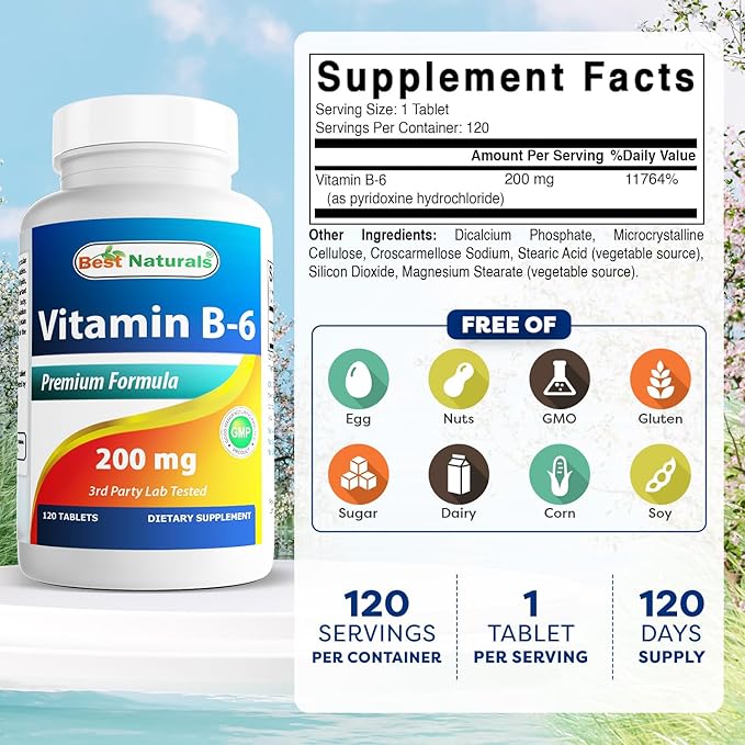 Best Naturals Vitamin b6 200mg for Adults, 120 Tablets (120 Count (Pack of 2))