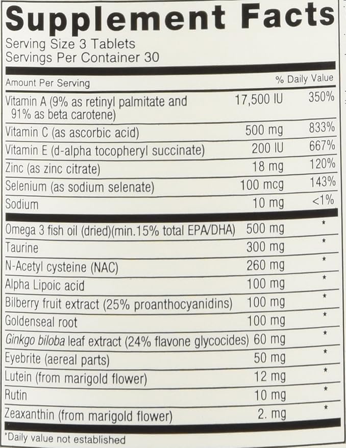 Eagle-Eyes, Optimal Vision Health with 500 mg Omega 3 Fish Oil, Lutein, Zeaxanthin, Bilberry Fruit Extract, Vitamins A, C, E, Zinc, NAC, Taurine, 90 Tablets