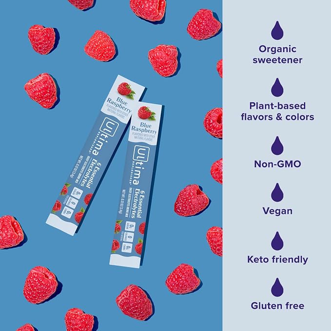 Ultima Replenisher Electrolyte Hydration Powder, Blue Raspberry, 20 Count Stickpacks Pouch - Sugar Free, 0 Calories, 0 Carbs - Gluten-Free, Keto, Non-GMO with Magnesium, Potassium | Daily Zero Sugar Powder Hydration Packets with 6 Key Electrolytes & Mi...