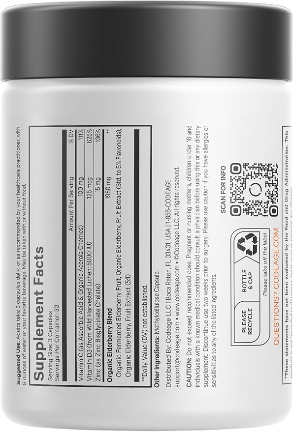 Codeage Elderberry Vitamins - Organic Fermented Elderberry Blend, Vitamin C from Ascorbic Acid & Organic Acerola Cherries, Vitamin D3, Zinc, Sambucus Berries - 90 Capsules