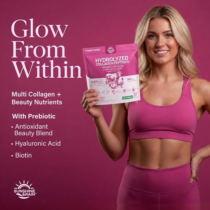 Multi Collagen Peptides Powder - 10g Hydrolyzed Collagen Peptides Type I, II, III, V & X with Biotin, Hyaluronic Acid & Prebiotics, Support Hair, Skin, Nail, Bone & Digestive Health, Non-GMO丨30 Sticks
