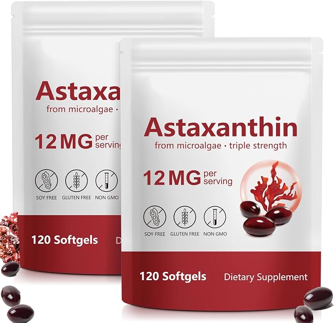 2 Pack Astaxanthin Supplements 12mg, Premium Astaxanthin Antioxidant Supplements with Antioxidant Activity, Supports Eye, Skin, Immune, Joint, Internal Circulation