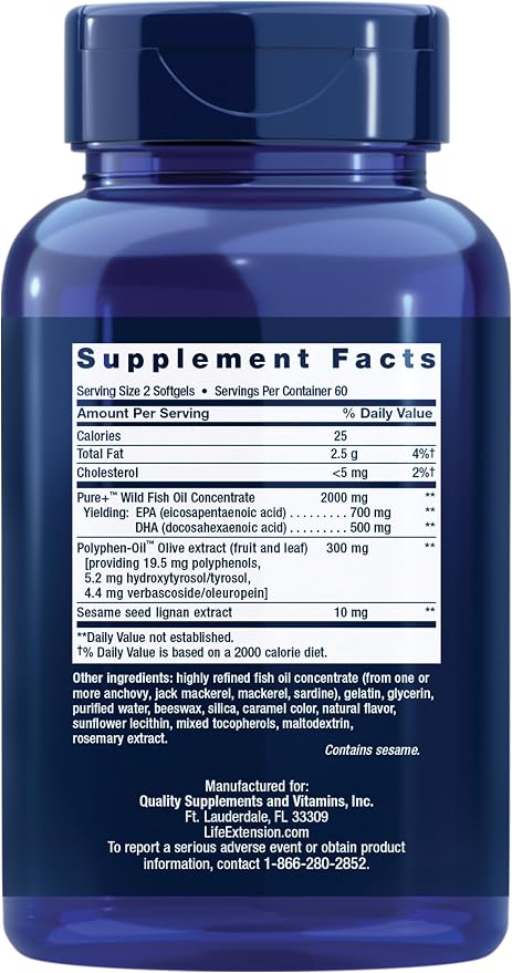 Life Extension Super Omega-3 EPA/DHA Fish Oil,Sesame Lignans & Olive Extract – Cognitive Health,Cholesterol Health Support,Gluten-Free,Non-GMO,120 Softgels,(Pack of 2)