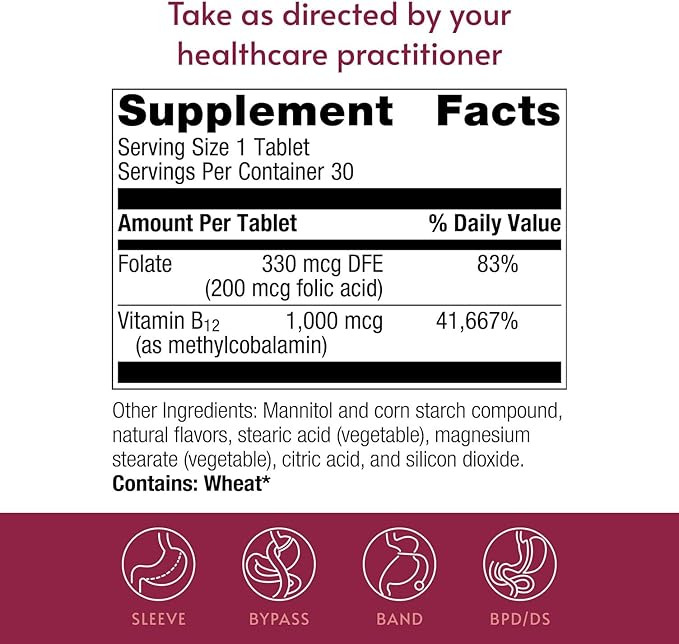 Bariatric Advantage B-12 Speedy Melts, Vitamin B12 1000 mcg Supplement, Fast Melting with 200 mcg of Folic Acid for Nutritional Support - Black Cherry, 30 Count