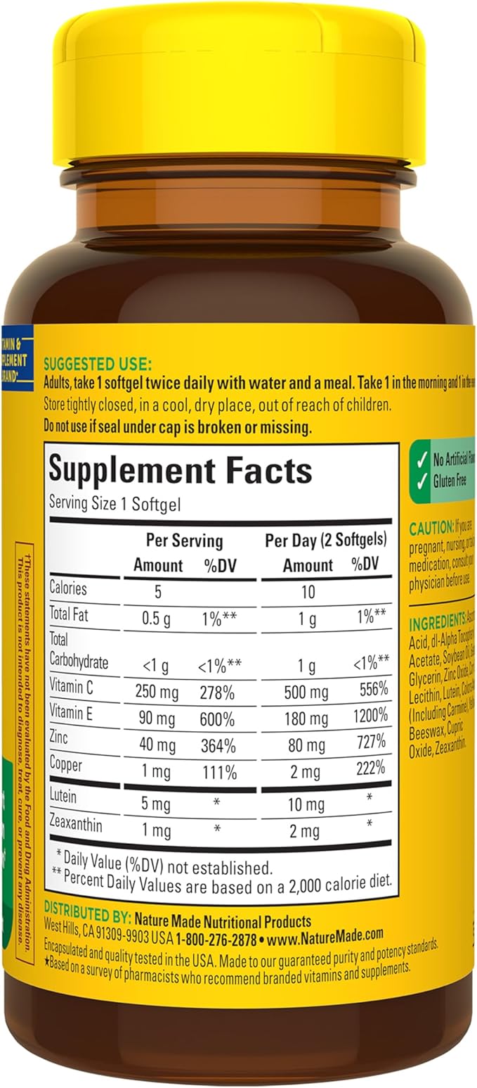 Nature Made Vision Based on the AREDS 2 Formula, Eye Vitamins with Lutein & Zeaxanthin, Vitamin C, Vitamin E, Zinc and Copper for Healthy Vision and Eye Function Support, 60 Softgels, 30 Day Supply