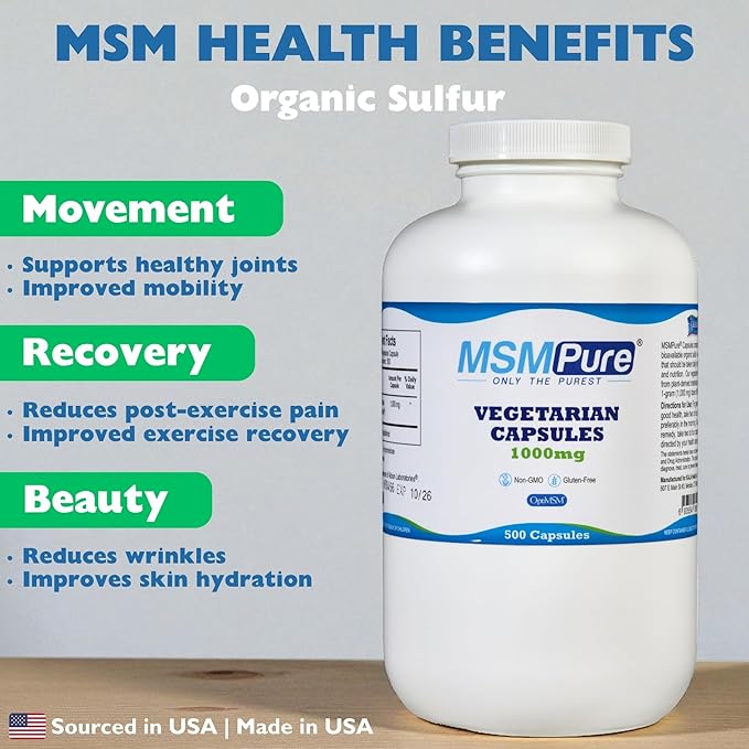 KALA HEALTH MSMPure MSM Vegetarian Capsules – 1,000 mg US-Made MSM per Capsule for Joint Health, Skin Appearance, Hair & Nail Support – 500 Count, Organic Sulfur