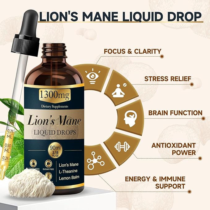 2 Pack*90ml Lions Mane Liquid Drops Organic Mushrooms Supplement with L-Theanine Lemon Balm Lion's Mane Extract Drop for Adults Brain Support for Memory Focus Clarity Free of Alcohol Sugar Tasteless