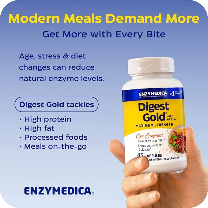 Enzymedica Digest Gold + ATPro, Maximum Strength Digestive Enzymes, Helps Digest Large Meals for Instant Bloating Relief, 45 Count