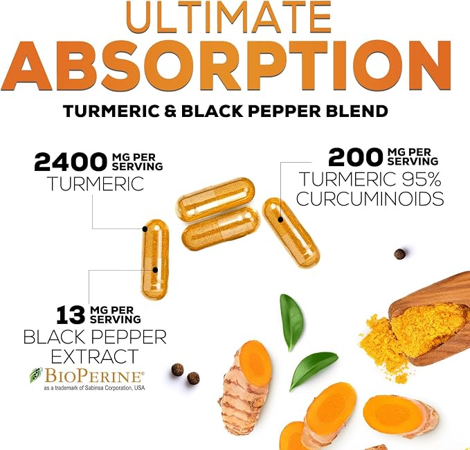 Turmeric Curcumin Supplement - 2400mg Organic Turmeric Per Serving - 95% Curcuminoids & BioPerine Black Pepper Extract for Best Absorption - Natural Vegan Joint Support, Bottled in USA - 240 Capsules