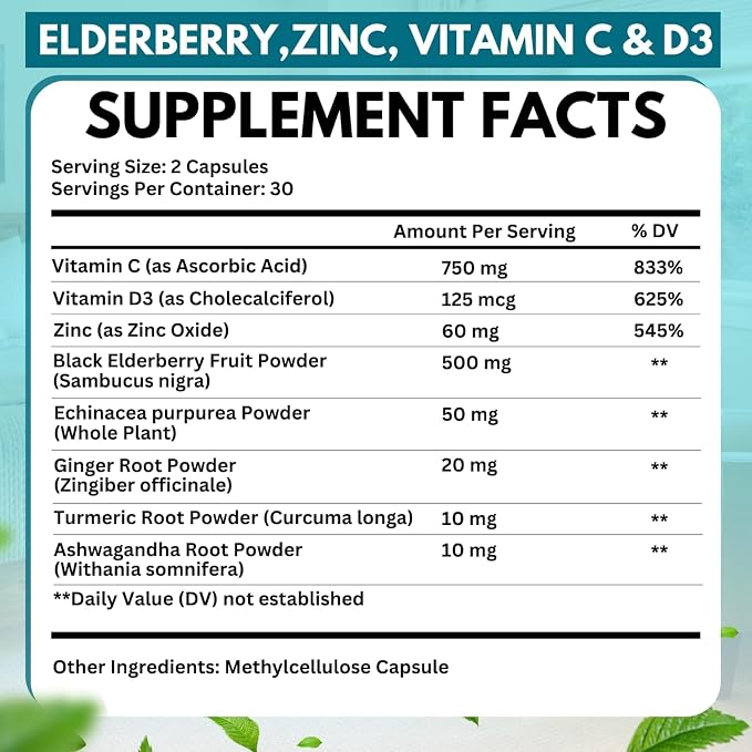 2 Pack Elderberry Immune Support Supplement 8-in-1 Formula with Echinacea, Vitamin C & Zinc, Vitamin D 5000 IU, Turmeric, Ginger, Ashwagandha – 60 Capsules Each