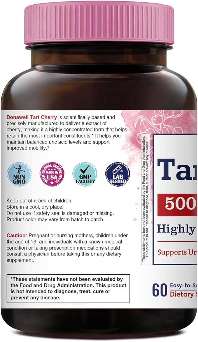 Bonawell Tart Cherry Capsule, 500mg Extract Per Capsule, Made from Montmorency Tart Cherries, Powerful Uric Acid Cleanse, Antioxidant Support, 2 Month Supply, 60 Capsules