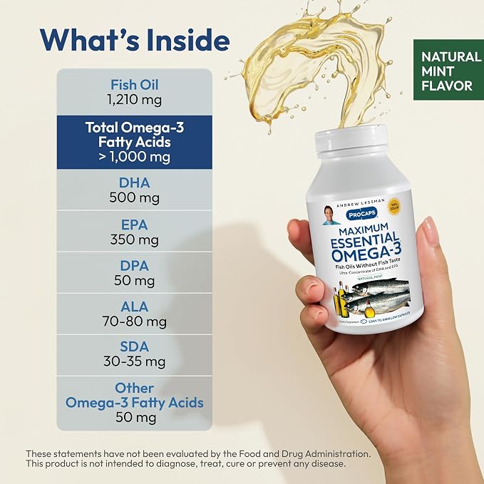 ANDREW LESSMAN Maximum Essential Omega-3 Mint - 180 Softgels - Ultra-Pure, High Potency Omega-3 Oils. High DHA, No Stomach Upset, No Contaminants, No Mercury. Small Easy to Swallow Softgels