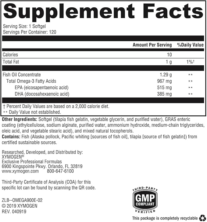 XYMOGEN OmegaPure 900 EC - Cardiovascular & Brain Support - IFOS Five-Star Certified Fish Oil - DHA EPA Omega-3 Supplement - Triglyceride Form - 120 Softgels