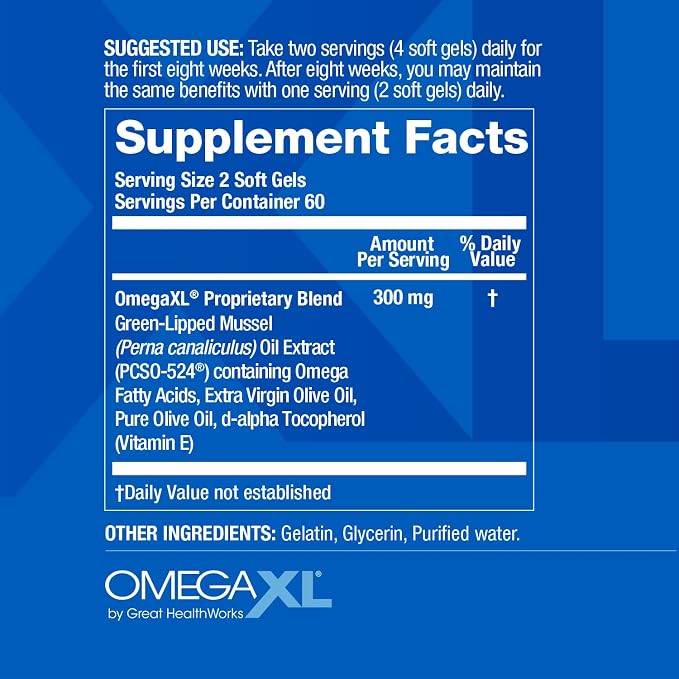 OmegaXL Joint Support Supplement - Natural Muscle Support, Green Lipped Mussel Oil, Soft Gel Pills, Drug-Free, 120 Count