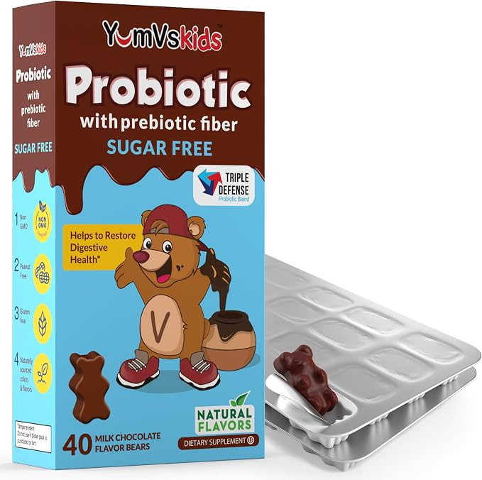 YUM-V'S Probiotics for Kids Chocolate Bears – Kids Probiotic Supplement with 1 Billion CFU – Prebiotic High Fiber Supplements for Digestive Support – Sugar-Free Melt-in-Mouth – 60 Count, Pack of 2