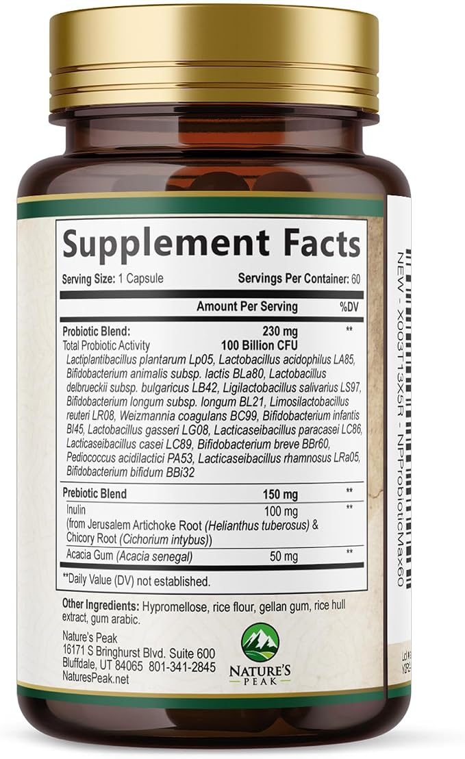 Probiotics 100 Billion CFU Per Serving - 16 Premium Probiotic Strains Prebiotics - Immune Support, Gut Health, Occasional Constipation, Gas & Bloating, Probiotics Supplement, USA Bottled, 60 Capsules