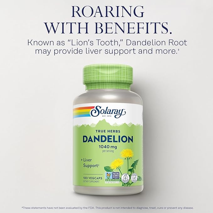 SOLARAY Dandelion Root Supplement - Healthy Kidney and Liver Support - 1,040 mg per Serving - Vegan, Lab Verified, 60-Day Guarantee - 90 Servings, 180 VegCaps