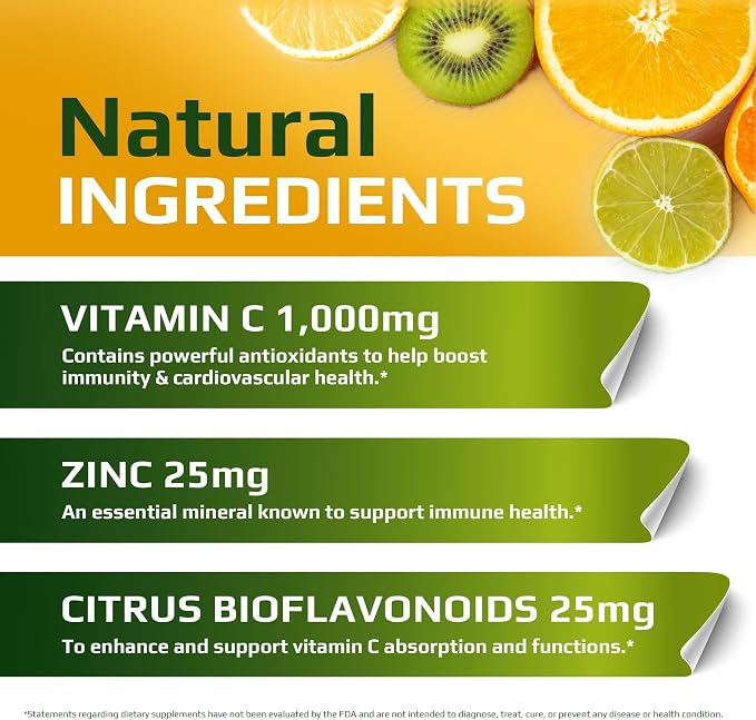 | Vitamin C + ZINC | C - 1000 | VIT C 1000mg | Zinc 25mg | Citrus Bioflavonoids 25mg | Non-GMO & Gluten Free | 120 Capsules