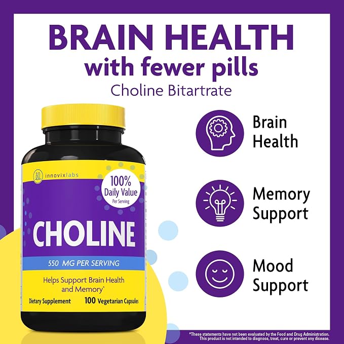 InnovixLabs Choline & Triple Omega-3 Bundle Choline Bitartrate 550mg (100 Capsules) Triple Strength Omega (200 Softgels). Supports Memory, Mood, Brain Health & Boost Cognitive.*