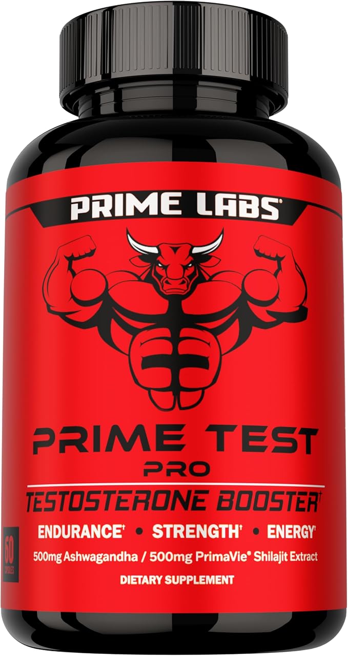 Prime Labs Prime Test Pro - Testosterone Supplement for Men - Test, Vitality, & Energy Booster - with Ashwagandha, PrimaVie Shilajit Extract, & DIM - 60 Capsules