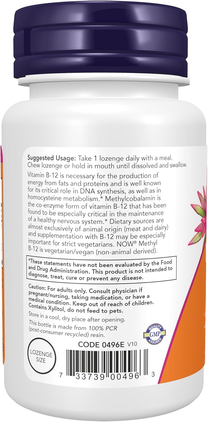NOW Foods Supplements, Methyl B-12 (Methylcobalamin) 5,000 mcg, Nervous System Health*, 60 Lozenges
