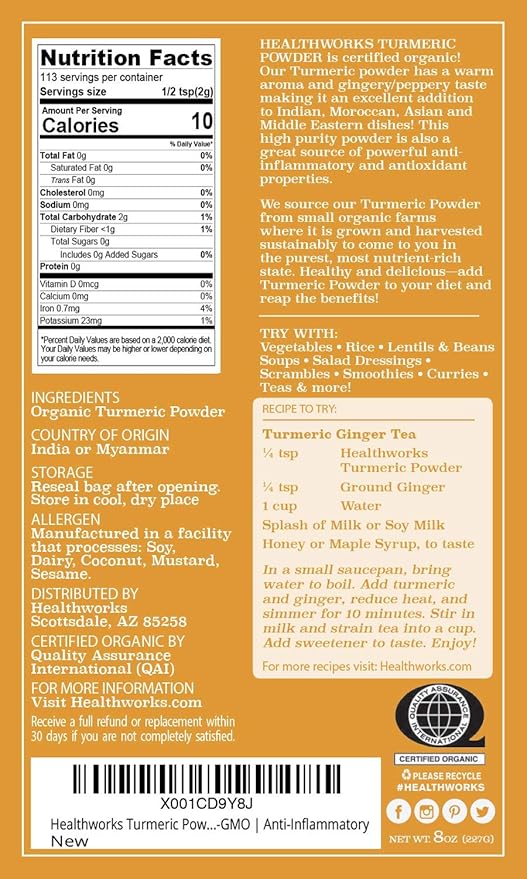 Healthworks Superfoods Organic Turmeric Powder - 8 Oz - Ground Raw Organic, Curcumin, Keto, Paleo, Vegan and Non-GMO
