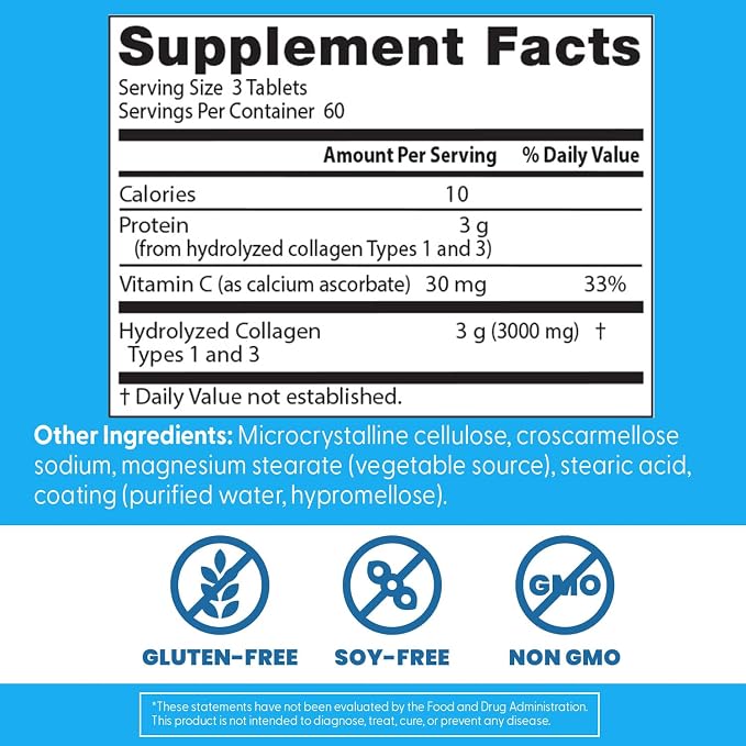 Doctor's Best Collagen Peptides Types 1 & 3 - Collagen Supplement for Women & Men, Supports Hair, Skin, Nails, & Joint Health, Includes 30 mg Vitamin C & 3 g Protein Per Serving, Non GMO - 180 Tablets