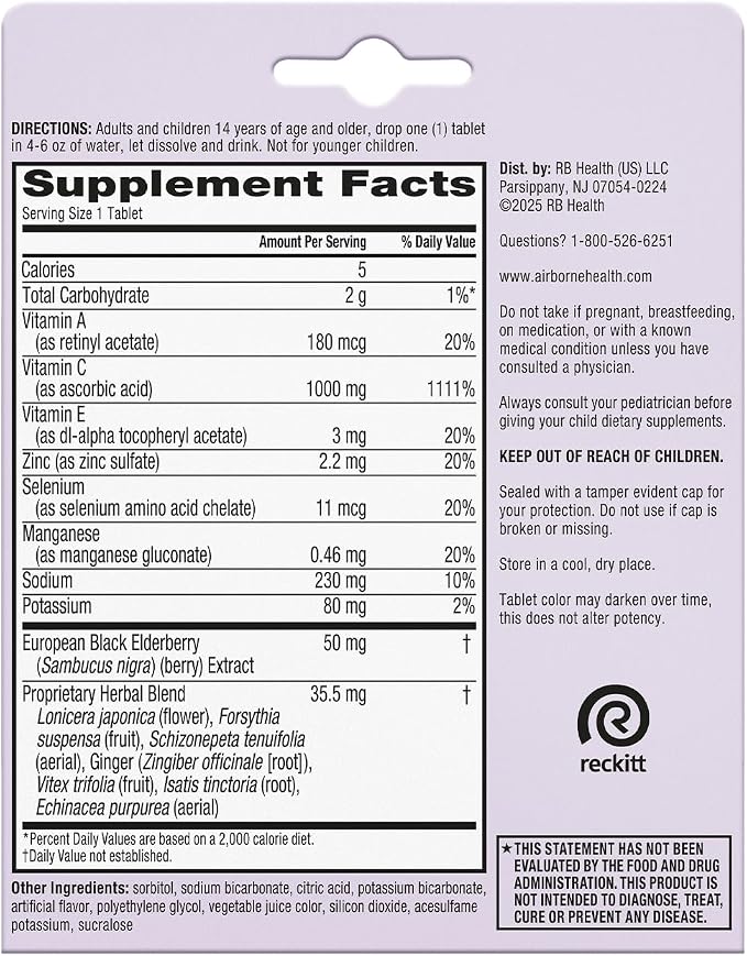 Airborne Elderberry + Zinc & Vitamin C Effervescent Tablets, Immune Support Supplement with Powerful Antioxidant Vitamins A C E, 20 Fizzy Drink Tablets, Elderberry Flavor
