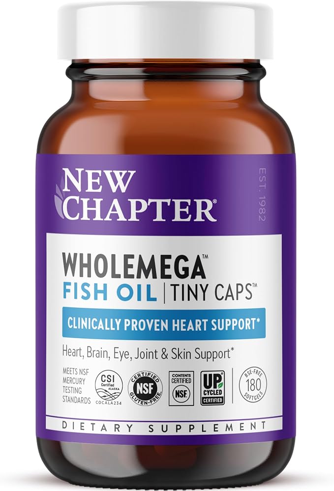 New Chapter Wholemega Fish Oil Supplement, Tiny Capsules, 2000mg per Serving, Clinically Proven Wild Alaskan Salmon Oil with Omega-3 + Vitamin D3 + Astaxanthin, 500mg per softgel - 180 Count